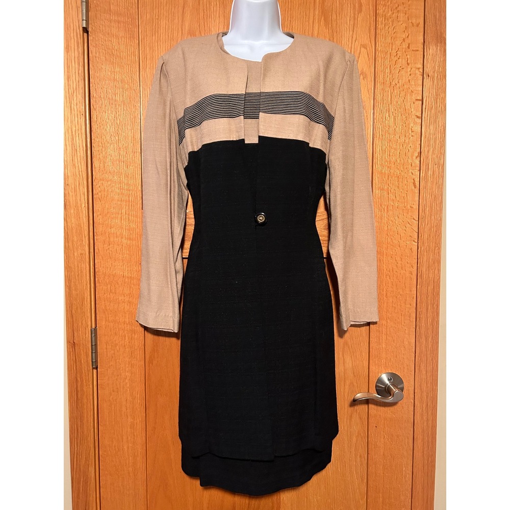 Vintage 90s S.L. Fashions Women's Size 14 Dress Jacket Set Tan Black Color Block